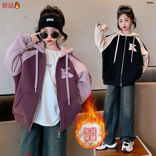 【秋冬新款】女童外套 大童新年衣服女童2025年新款秋冬K字母寬鬆休息刷毛加厚中大童連帽冬季外套兒童衣服秋冬童裝 ぃ