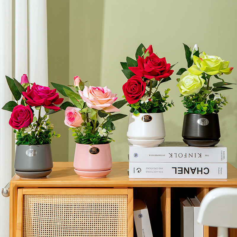 假花仿真玫瑰花擺設仿真花盆栽塑膠花束辦公室客廳桌面裝飾品擺件