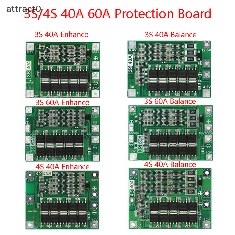 Attact 3S 4S 40A 60A 鋰離子鋰電充電器保護板 18650 BMS 用於鑽機電機 11.1V 12.6