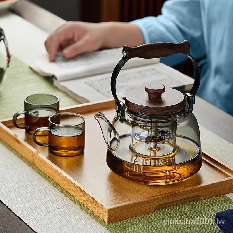 玻璃煮茶壺耐高溫電陶爐煮茶器可明火燒水壺泡茶壺茶具套裝胡桃木