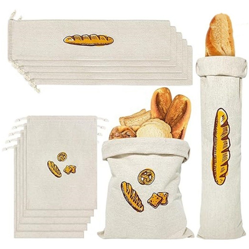 Choo✨亞麻束口麵包袋 法棍麵包購物袋 可重複使用環保袋 法式長棍麵包餅乾收納袋棉布吐司袋