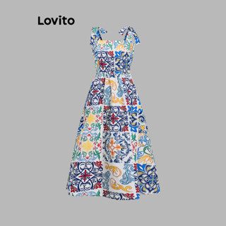 Lovito 波西米亞部落印花女式抽繩連身裙 LBL19806