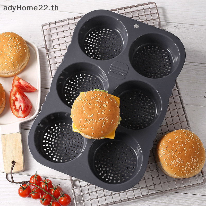 Adyhome 6孔漢堡模具矽膠烘焙工具家用耐高溫漢堡模具烤箱烤盤麵包模具TH