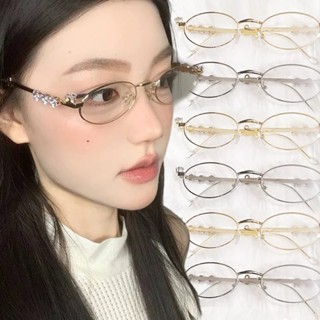 小金屬橢圓形鏡框 - 裝飾性普通眼鏡 - 女士男士 - 時尚復古,Y2K - 護眼,防藍光 - 水鑽眼鏡