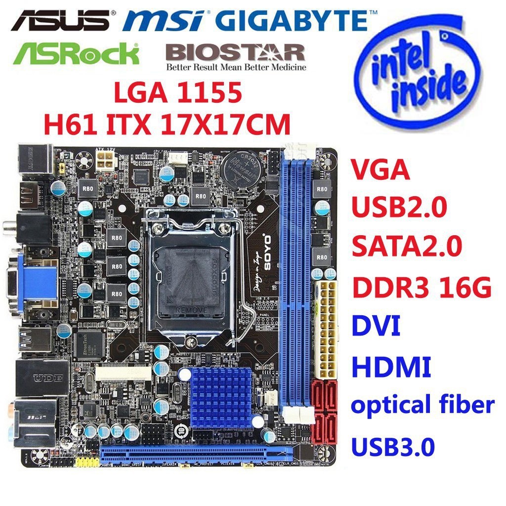 H61 主板 itx htpc mini 17*17 CM PCI-E 2.0 hdmi vga sata2 usb2.