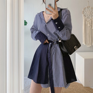 寵愛一波😘👌尺寸更新 韓國chic 春季新款時尚氣質系帶條紋襯衫連衣裙兩件套💕💛