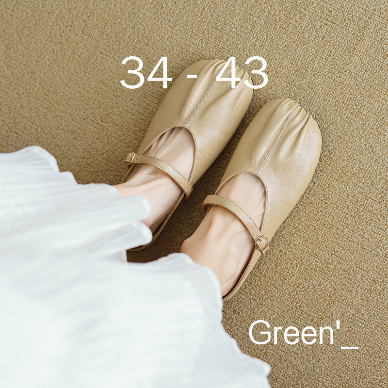 Green' 大尺碼女鞋34-43穆勒鞋包頭拖鞋女一字帶法式褶皺方頭涼拖鞋軟底平底鞋孕婦鞋