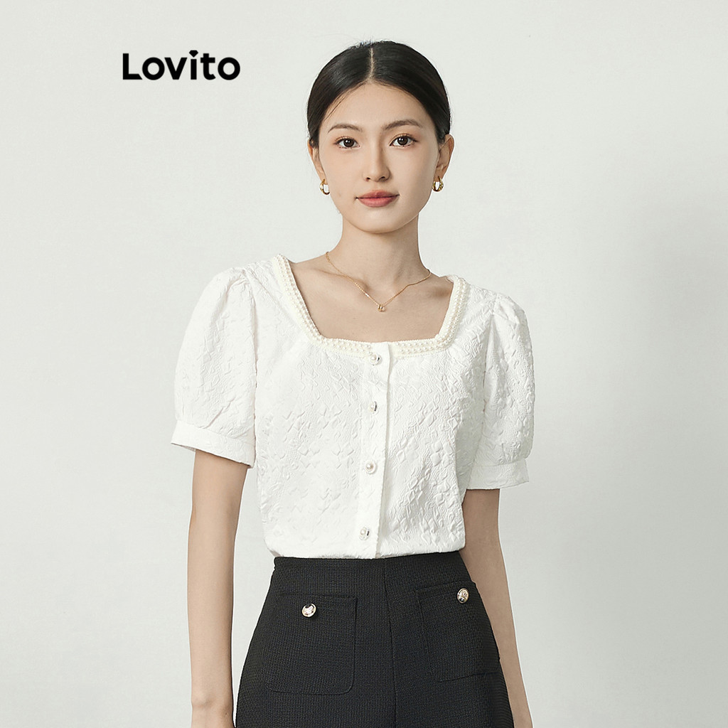 Lovito 女休閒素色珍珠提花泡泡袖襯衫 L77ED025