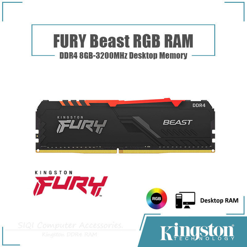 金士頓 FURY Beast DDR4 RAM RGB 8GB 3200MHz 台式機內存 AMD 英特爾 RAM 1.
