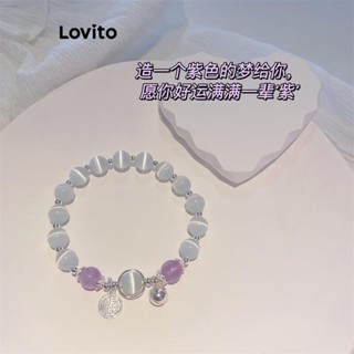 Lovito 女士休閒素色串珠金屬字母蛋白石手鍊 LFA20063