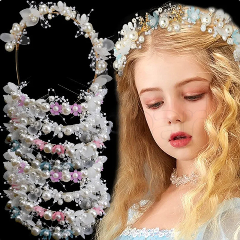 珍珠花朵頭帶 - 新娘花環髮箍 - 公主髮飾禮物 - 仿珍珠頭飾 - 優雅森林風格 - 彈力頭箍