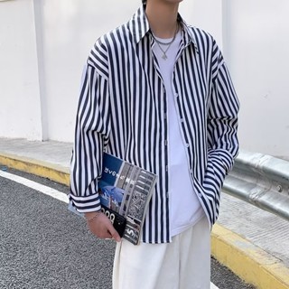【HOT 本舖】男裝 港風痞帥豎條紋襯衫男長袖寬鬆韓版bf潮流百搭春夏款休閒襯衣外套