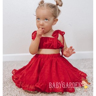 Baga-6 個月至 4 歲女嬰 2 件套衣服套裝刺繡繫帶肩帶背心和鬆緊腰裙夏季紅色