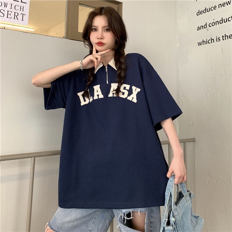 「Miss Cool」日系vintage復古刺繡字母半拉鍊短袖polo衫女夏季寬鬆潮牌T恤上衣