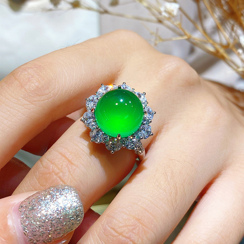 天然冰透綠玉髓瑪瑙復古氣質滿鑽開口戒指女 奢華圓形指環飾品