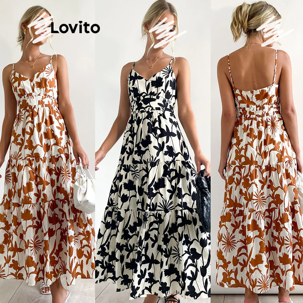 Lovito 女士優雅花卉連身裙 LNL39193 (棕色/黑色)