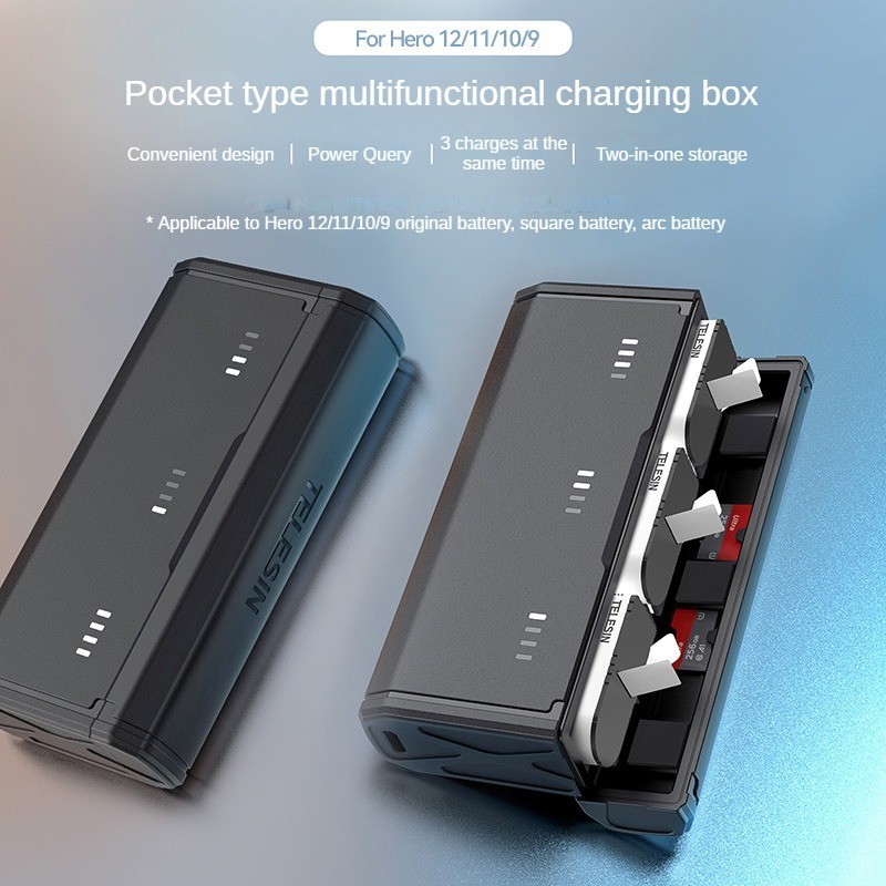 Telesin 適用於 GoPro12/11/10/9 袖珍多功能電池充電盒,可檢測電池電平
