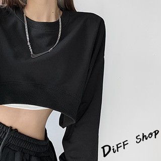 【現貨速發】 【DIFF】韓版寬鬆圓領短版長袖上衣 短版上衣 女裝 衣服 顯瘦上衣 冬裝 長袖t恤 素T 素色 大學T【