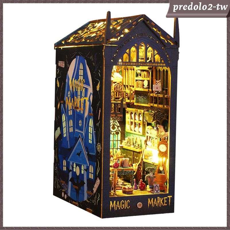 [PredoloffTW] Book DIY 微型房子書櫃模型搭建派對禮物 3D 木製拼圖帶燈女孩托兒所