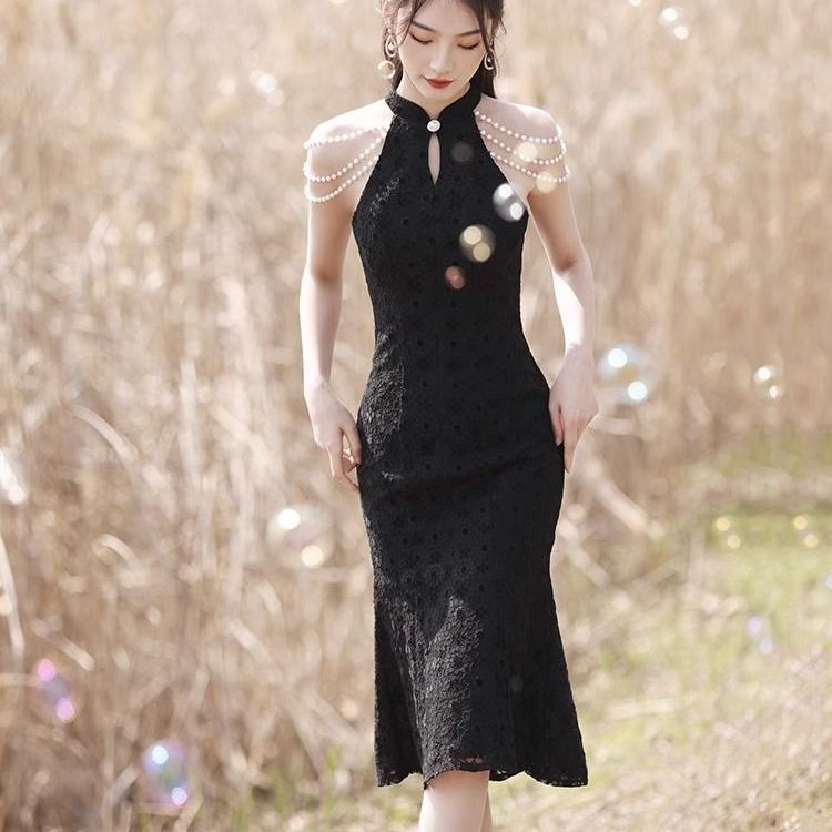 新品熱賣 黑色小晚禮服 裙 女洋裝 平時可穿旗袍 魚尾主持人蕾絲改良中式旗袍
