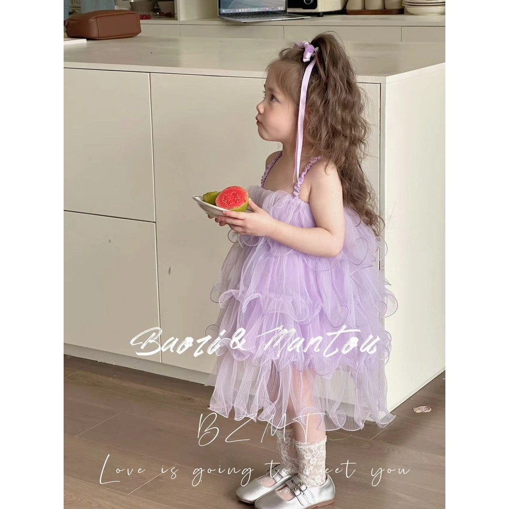 ✨HIKIDS✨韓國童裝 2024夏新款女童公主甜美可愛蛋糕裙 多層百褶紫色吊帶洋裝