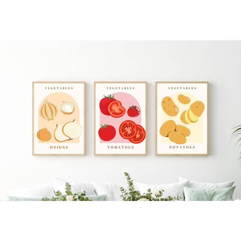 廚房蔬菜帆布版畫海報 | 廚房牆藝術 | 餐廳牆壁裝飾 | 蔬菜打印 | 廚房裝飾 | 馬鈴薯番茄洋蔥