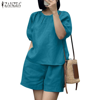 Zanzea 女式韓版褶襉半袖鬆緊腰帶圓領上衣短褲