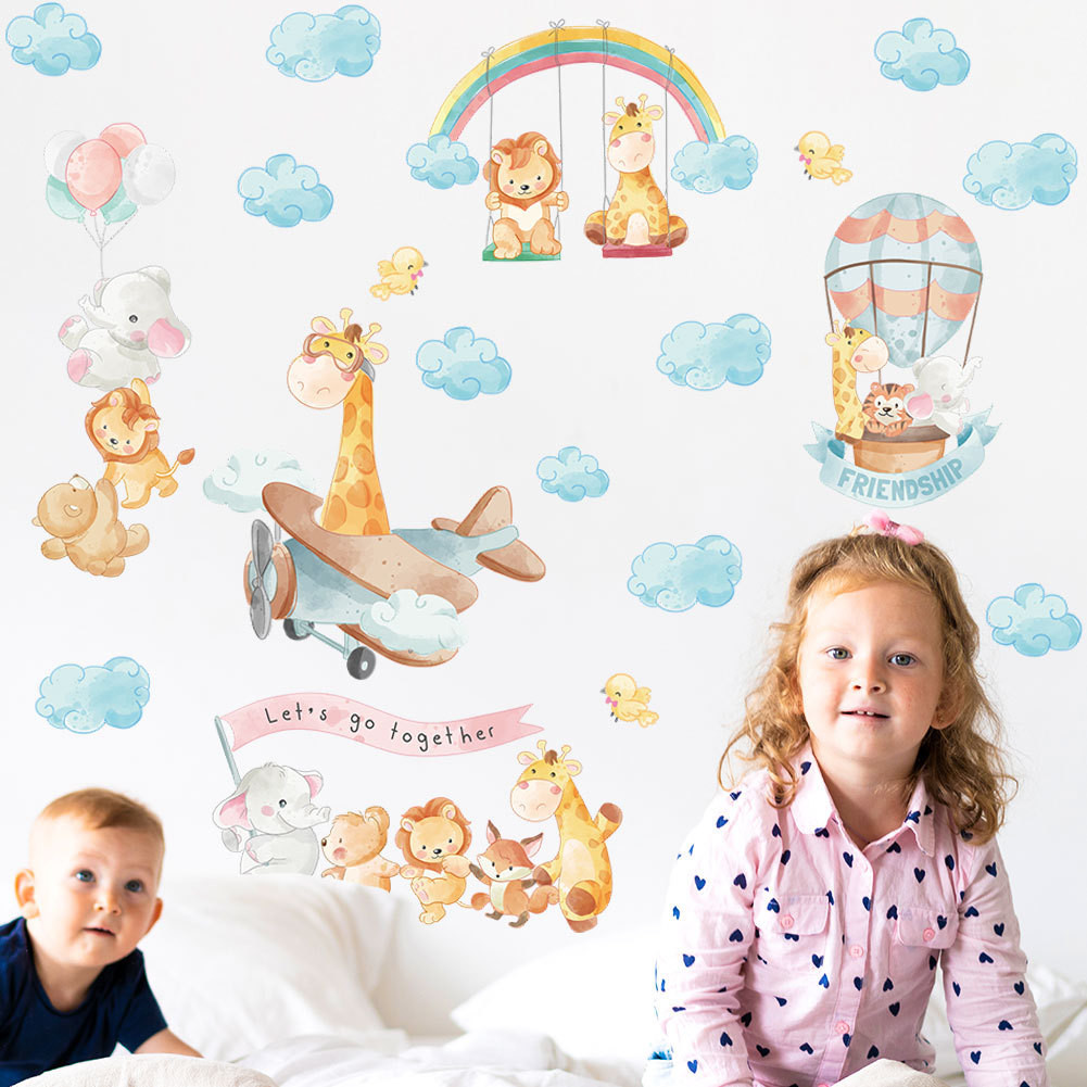 卡通動物牆貼雲朵熱氣球裝飾牆貼紙,兒童房臥室幼兒園牆紙自粘