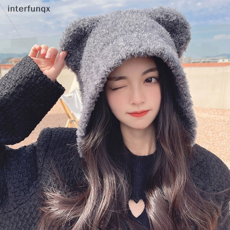Interfunqx 可愛熊耳朵羊毛帽子冬季豆豆保暖繫帶護耳針織帽帽子針織新品