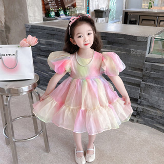 女童公主裙 泡泡袖洋裝 時尚甜美公主裙 女孩派對禮服 寶寶彩虹色洋裝