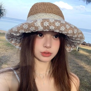 韓系花朵蕾絲草帽女 夏季出遊防晒草編海邊度假遮陽帽