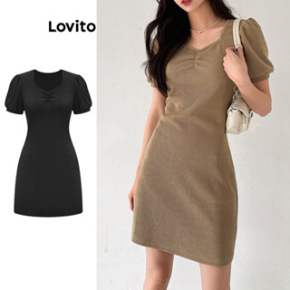 Lovito 女款休閒素色褶襉泡泡袖洋裝 L68ED244 (淺卡其色/黑色)