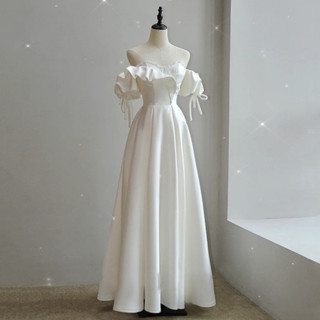 法式輕薄婚紗新娘氣質簡約仙女小身材一字肩緞面連衣裙qh420