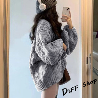 【現貨速發】 【DIFF】韓版慵懶風復古V領寬鬆麻花毛衣 連衣裙 連身裙 套裝 長版上衣 女裝 衣服 針織上衣 長袖上衣