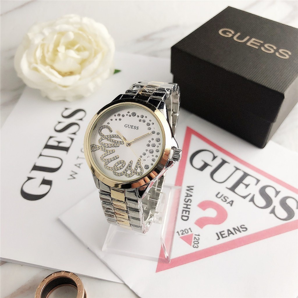 Guess 熱賣 Guess 新款時尚女士鑽石錶盤運動石英皮革真皮皮帶不銹鋼外殼美國商務手錶