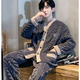 刷毛家居服開衫款式珊瑚絨男睡衣[S115]男士睡衣男冬季加厚法蘭絨秋冬珊瑚絨套裝春秋長袖家居服大碼秋季