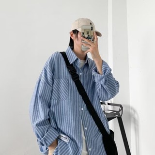 【HOT 本舖】男裝 春夏季韓版帥氣條紋長袖襯衣男日系潮牌寬鬆學生百搭薄外套襯衫