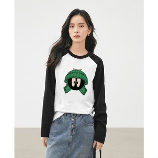 【臺灣出貨】XH 純棉打底衫女 秋季新款黑白撞色插肩袖寬鬆百搭長袖T恤 印花T恤 大碼上衣 FVF7