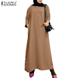 Zanzea 女士穆斯林日常九分袖純色帶前拉鍊連衣裙