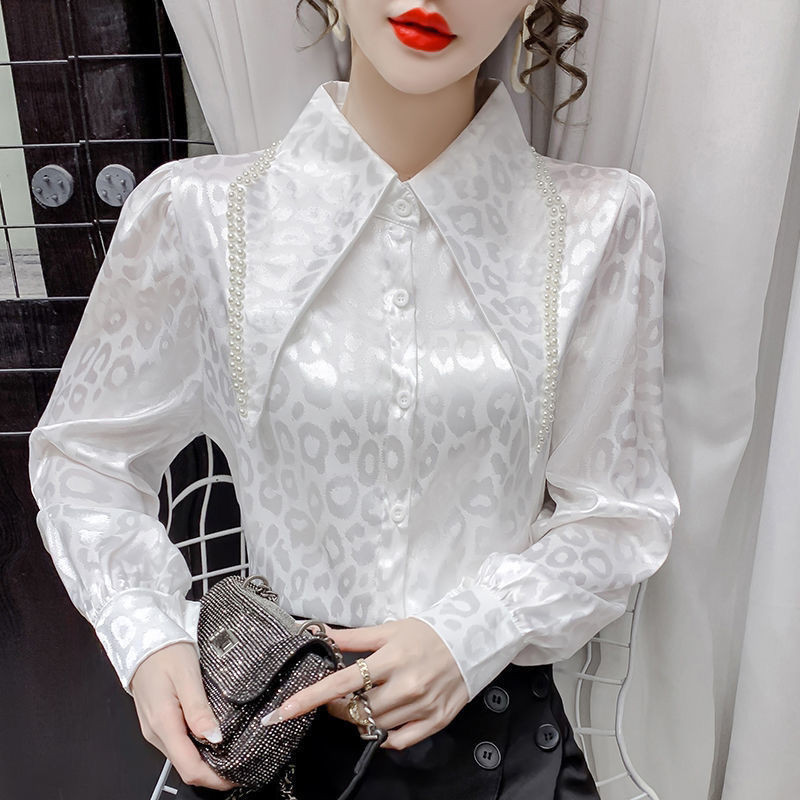 襯衫上衣女式設計豹紋提花鑽石翻領泡泡袖韓國時尚