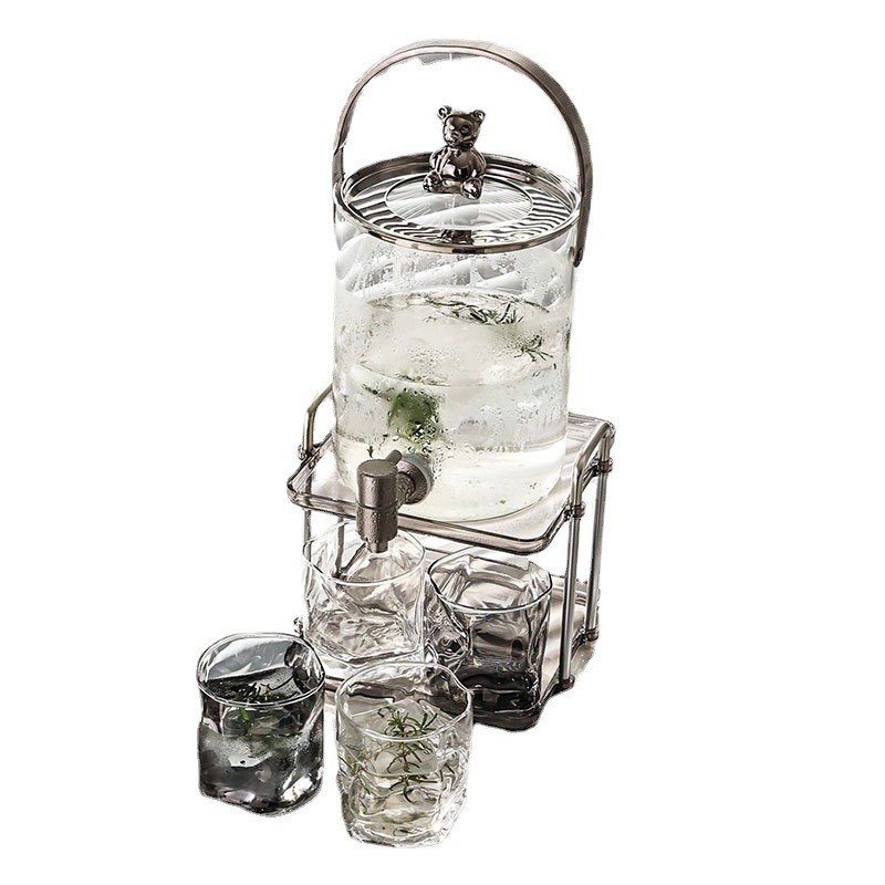 小熊玻璃冷水壺帶水龍頭大容量水桶水杯套裝家用高顏值飲料桶