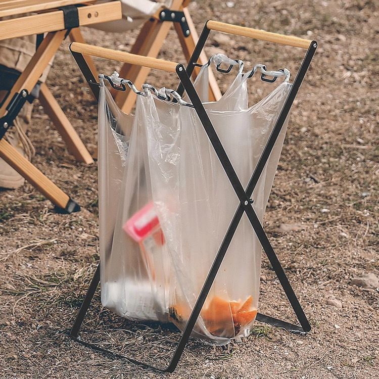 【戶外可摺疊廚房雜物收納架】塑膠袋支架木柄日式ins風便攜垃圾架子