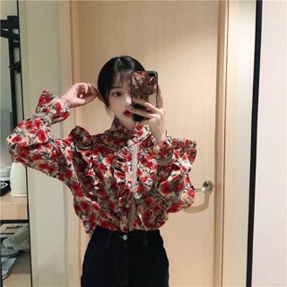 韓版復古港味風碎花襯衫女 2024早春新款上衣 洋氣立領褶邊荷葉邊花色襯衣 氣質內搭小衫 ins潮百搭長袖上衣