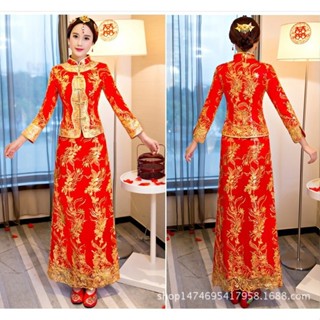 新款 紅色旗袍新娘結婚禮服中式長袖龍鳳褂春夏季長款婚紗