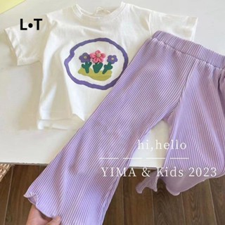【LT】現貨 韓版女童套裝新款兒童洋氣時髦短袖T恤闊腿喇叭褲寶寶兩件套夏裝
