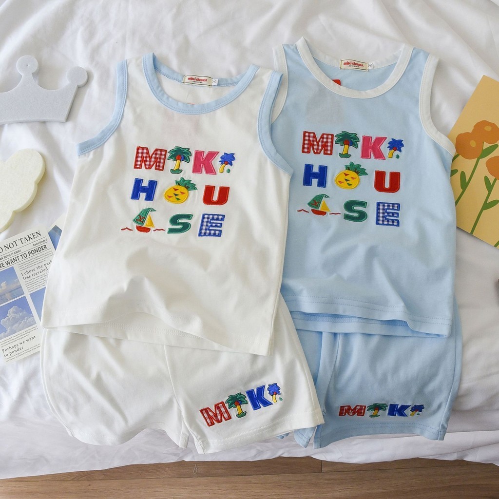 日系miki 男童背心套裝 卡通鳳梨字母無袖兩件套 寶寶套裝 兒童套裝 男寶套裝 嬰兒套裝
