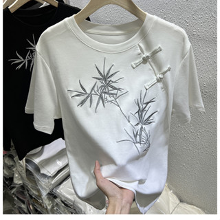 【桃喜Rich現貨】2色中式女裝 國風盤扣竹葉 重工刺繡 短袖T恤女 夏季新款 設計感 中式圓領上衣