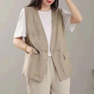 夏季 輕薄 文藝 復古 馬甲 女 寬鬆 顯瘦 無袖 坎肩 大口袋 背心 休閒 開衫 外套