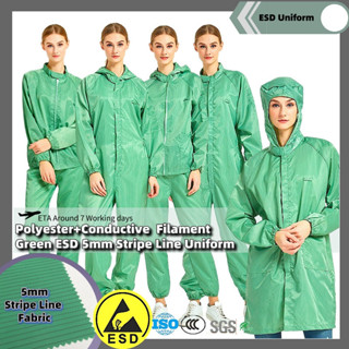 [Uhome]綠色ESD 5mm條紋線條防靜電制服範圍工作服/連帽分體/清潔連身衣