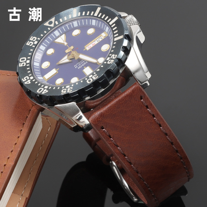 古潮復古天梭錶帶真皮男代用浪琴美度精工牛皮錶鏈卡西歐EFR303手錶帶